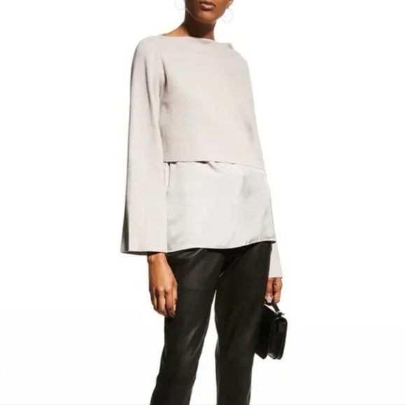 Theory Oatmeal Layered Top Cropped Asymmetrical New Twill Combo Sz L - Picture 3 of 7